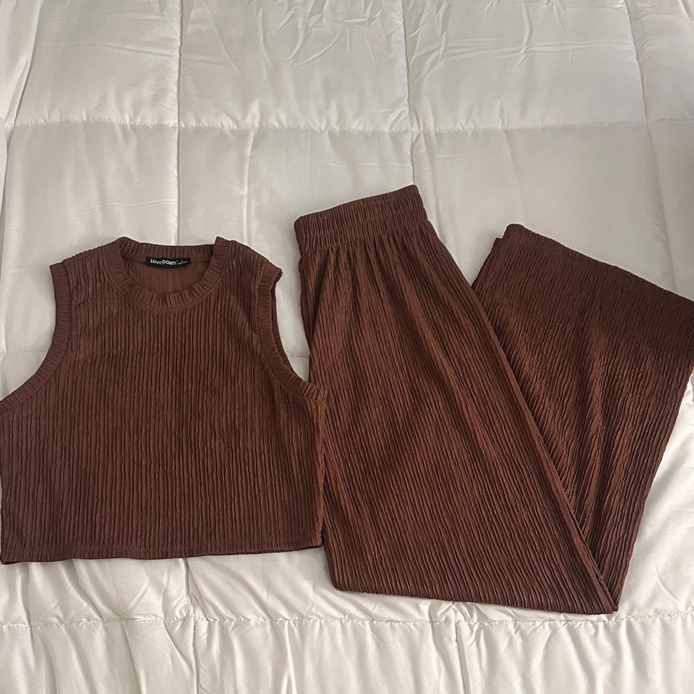 Ruched Brown Ribbed Wide-Leg Pants - Women
